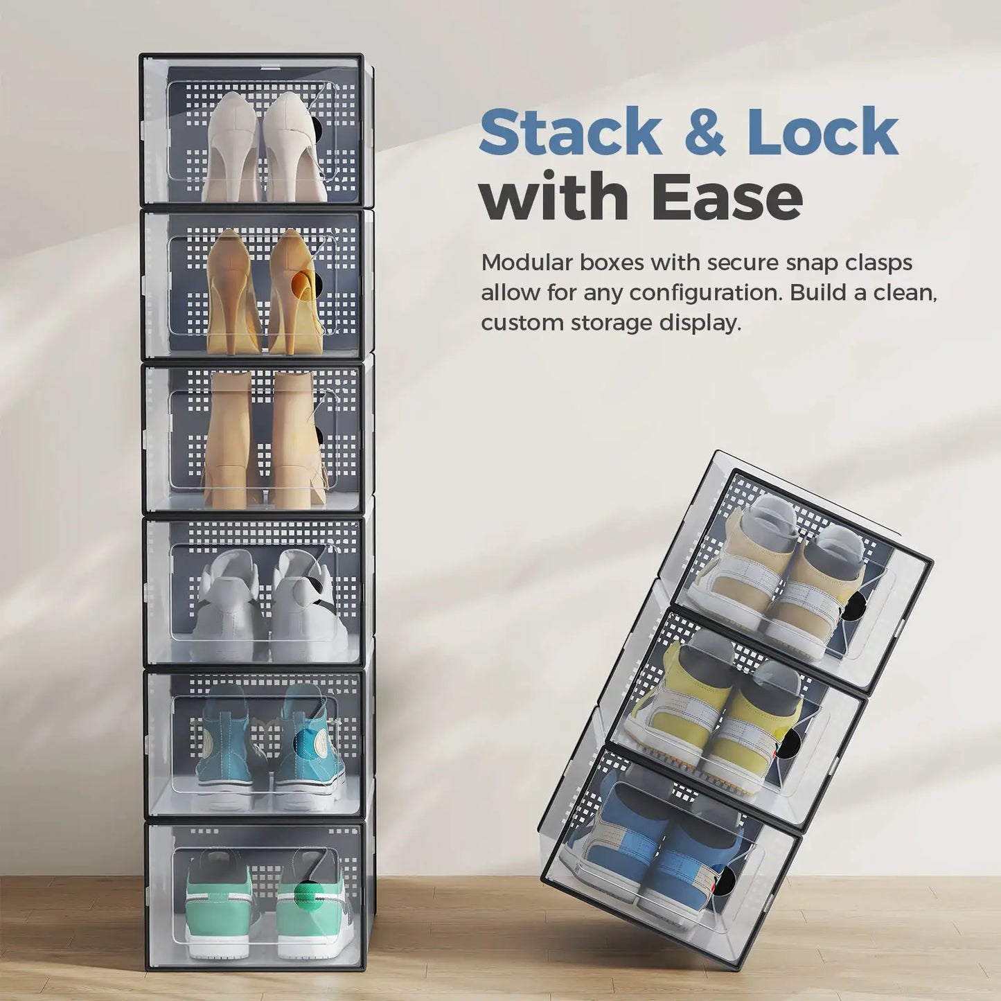 JHK 12/15 Pack Plastic Stackable Shoe Organizer with Lids for Closet Foldable Shoe Rack Sneaker Container Under Bed and Entryway Space Saving Cabinet Home Furniture from PriceLows™