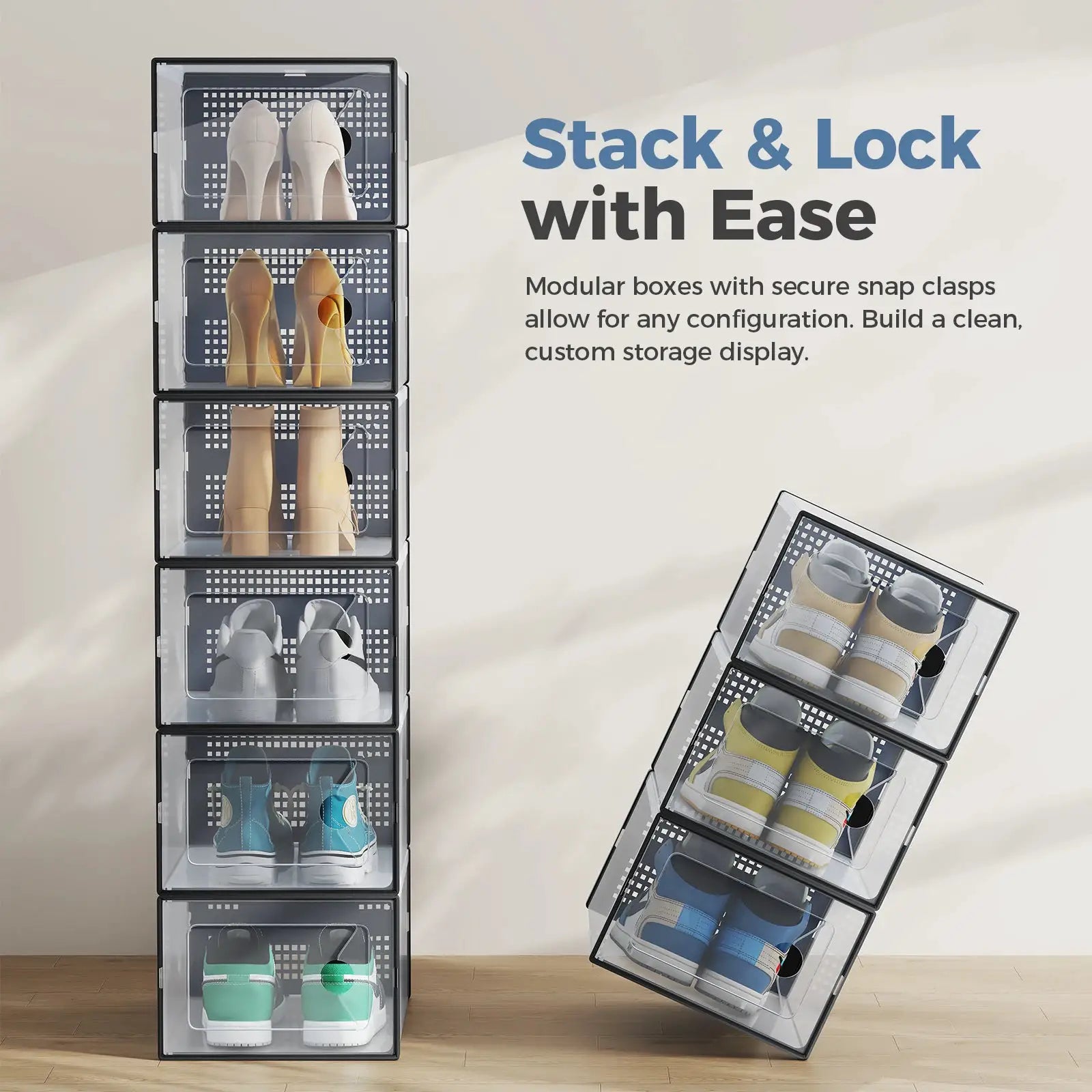 JHK 12/15 Pack Plastic Stackable Shoe Organizer with Lids for Closet Foldable Shoe Rack Sneaker Container Under Bed and Entryway Space Saving Cabinet Home Furniture from PriceLows™