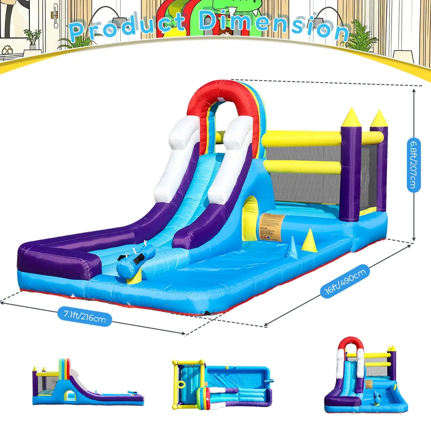 New Oxford cloth 16ft 4.9m Inflatable Water Slide Bounce House w/ Splash Pool & 480W Blower for Kids Party from PriceLows™