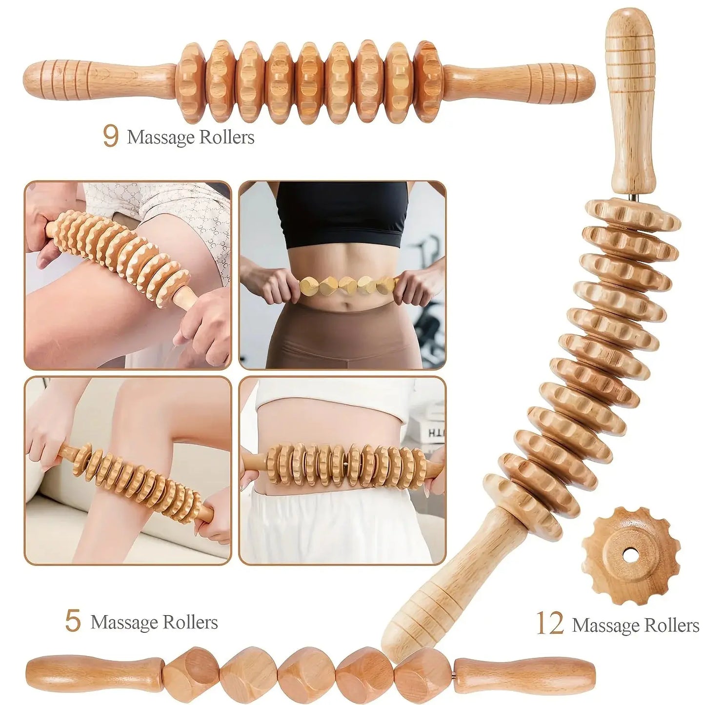 3 Piece Wooden Massage Roller Set | 12 And 9 Roller Stick | For Hands And Feet