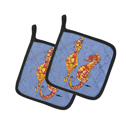 Pot Holder Set of 2 | Heat Resistant Quilted Hot Pads | 7.5 x 7.5 Inch | Seahorses on Blue