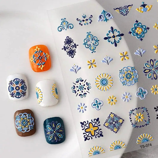 1PC Bohemia Nail Art Stickers 5D Bohemia Nail Sticker Decal Abstract Design Retro Blue Yellow Flower Self Adhesive Nail Supplies from PriceLows™