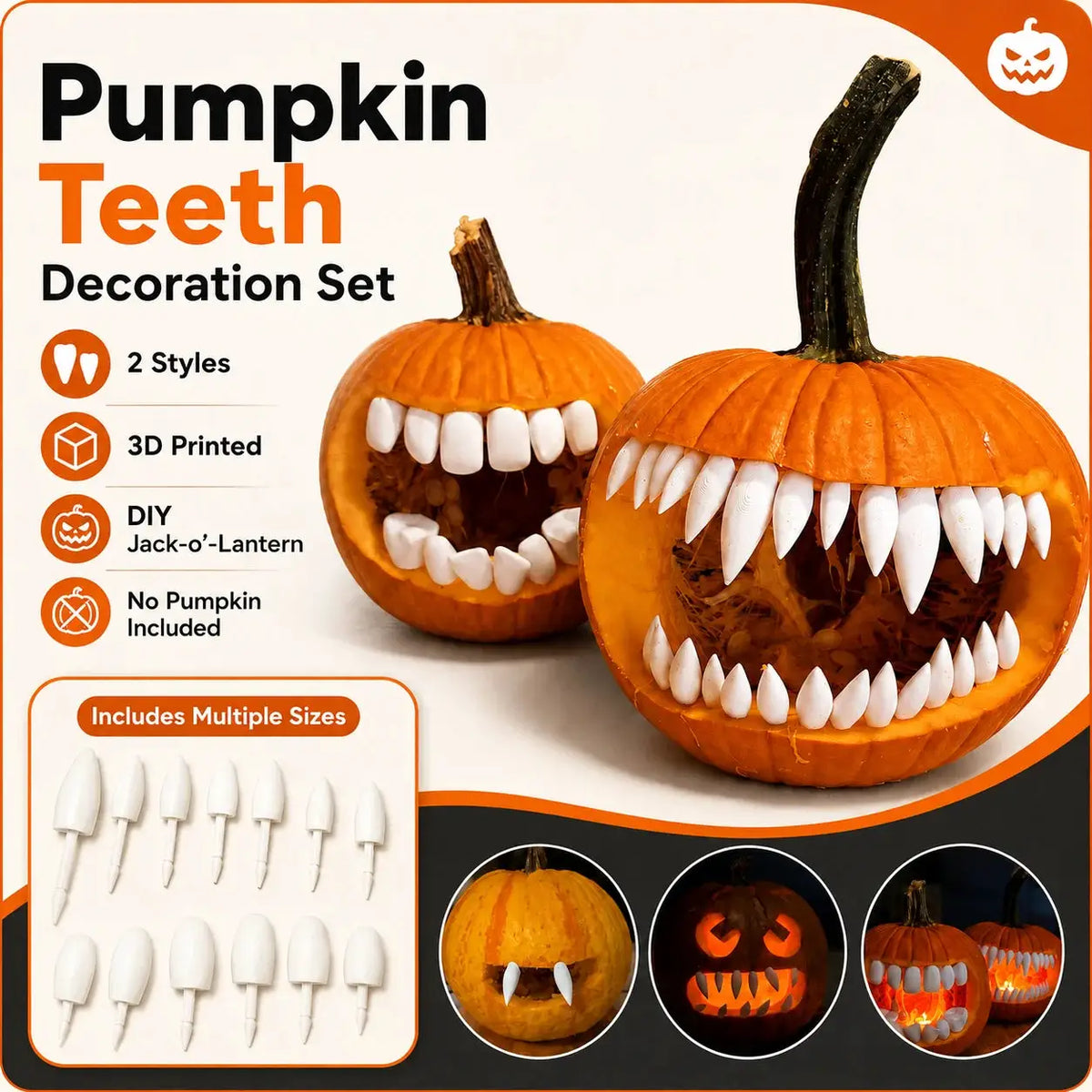 3D Printed Pumpkin Teeth | Plastic | Halloween Fangs | Set