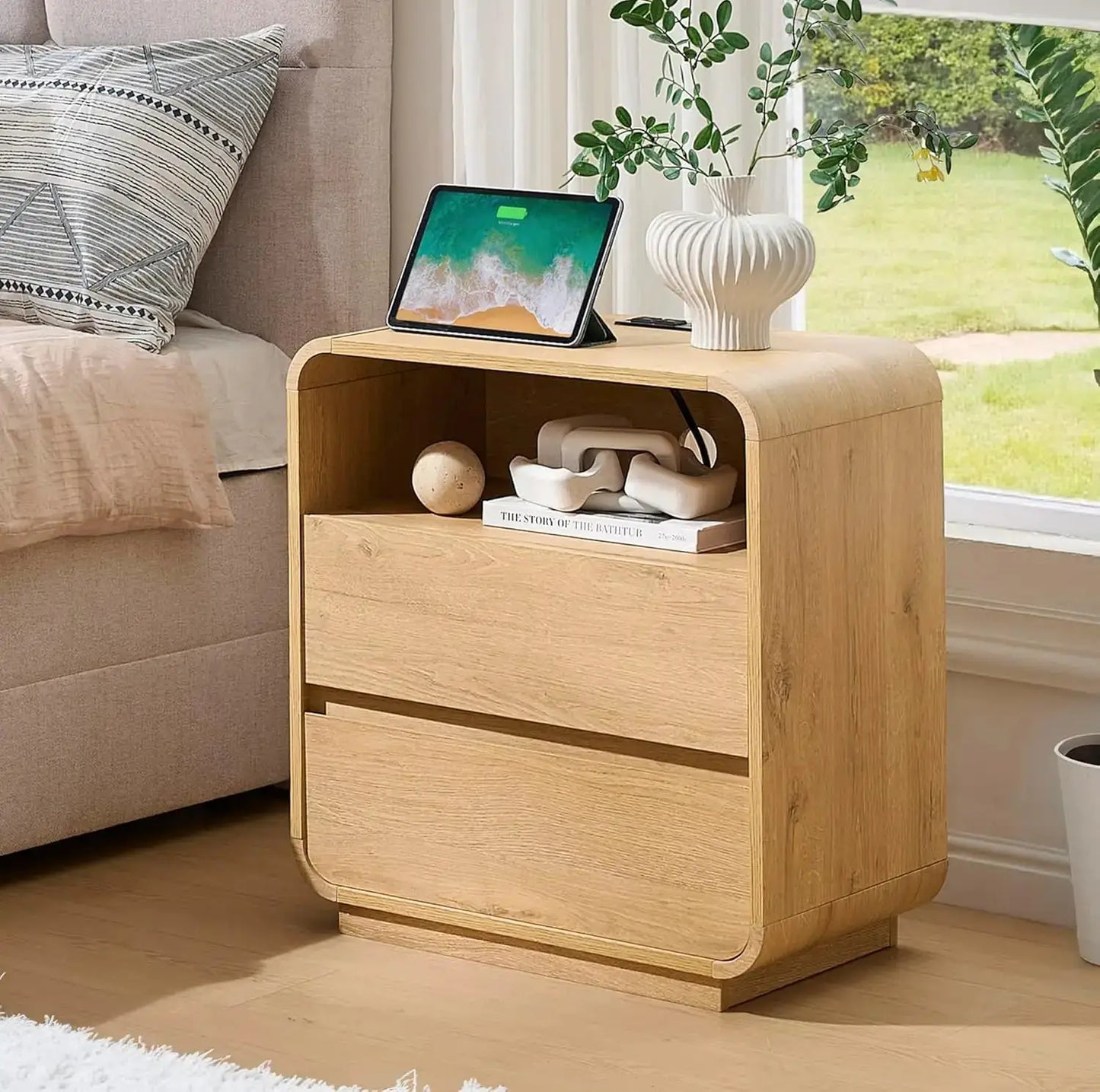 Curved Night Stand Set of 2, 23.2" Large Wood Farmhouse Nightstand with Charging Station & 2 Storage Drawers Bedside Table, Modern End Table for Bedroom, Living Room, Natural from PriceLows™