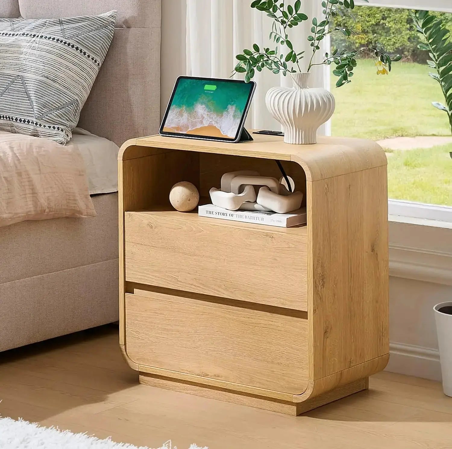 Curved Night Stand Set of 2, 23.2" Large Wood Farmhouse Nightstand with Charging Station & 2 Storage Drawers Bedside Table, Modern End Table for Bedroom, Living Room, Natural from PriceLows™