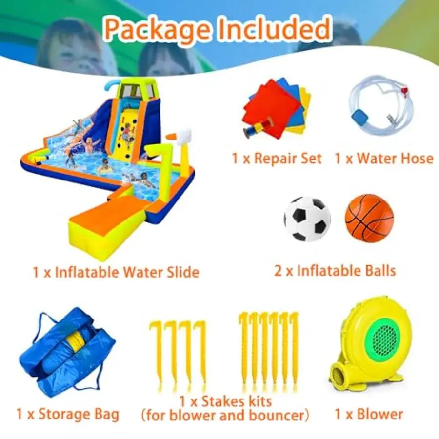 Inflatable Water Slide 8 in 1 Bounce House for Backyard Waterslide with Slide Climbing Wall Splash Pool Basketball Rim Sprinkle from PriceLows™