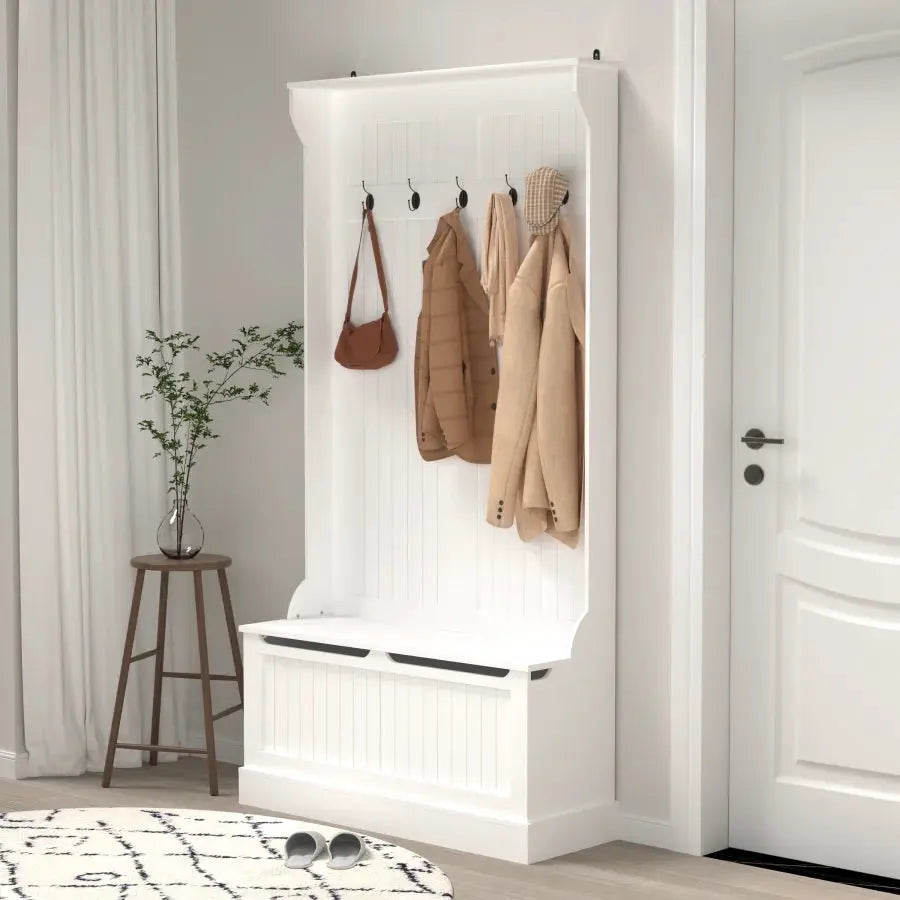 Entryway Bench with Standing Coat Rack Hall Tree with Shoe Storage Bench Entryway Organizer with 5 Hooks White from PriceLows™