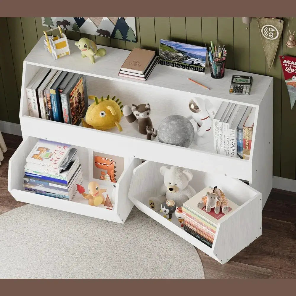 Large Toy Bin Bookcase with Two Drawers, Storage Cabinet on Wheels for Playroom, Bedroom, Nursery (White Oak, Regular) from PriceLows™