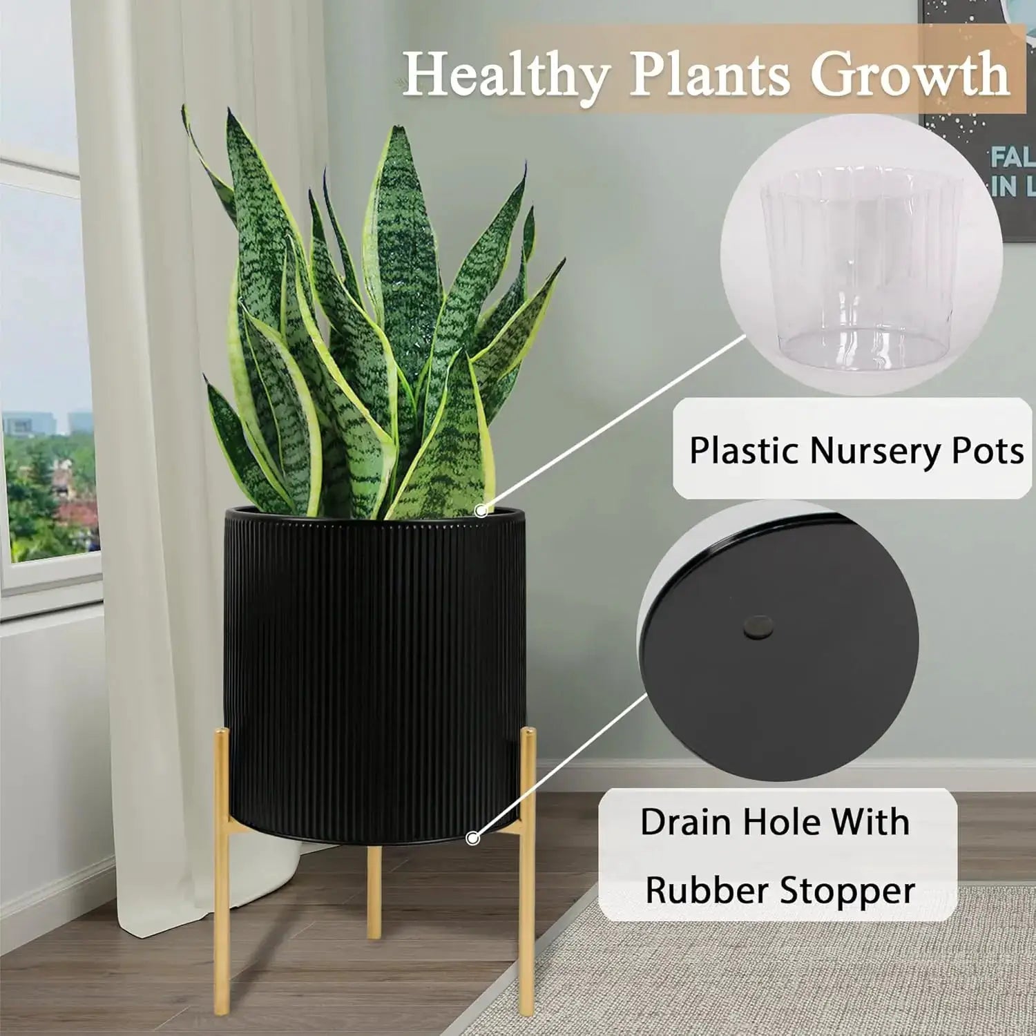 Modern Plant Pots, Set of 2 Round Large Planters with Stand, Large Size Metal Pots with Drainage Holes for Living Room, from PriceLows™