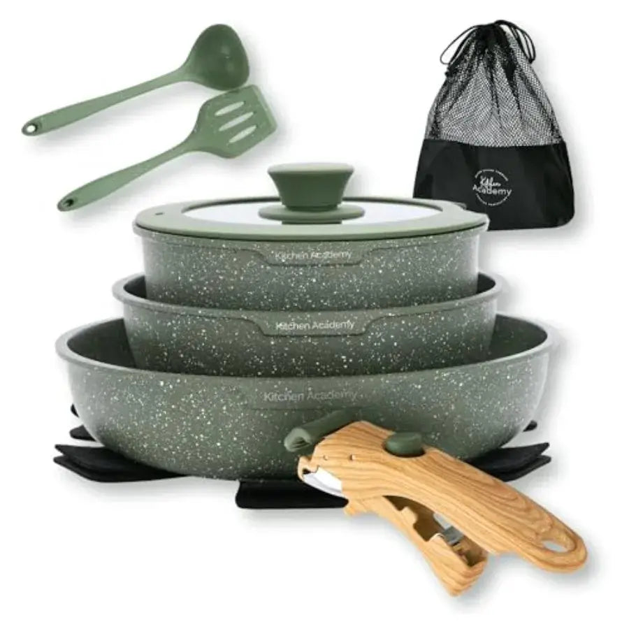 Removable Handle Pots and Pans Set - 10 Pieces Cookware Set with Removable Handle RV Induction Cookware Set for Camp from PriceLows™