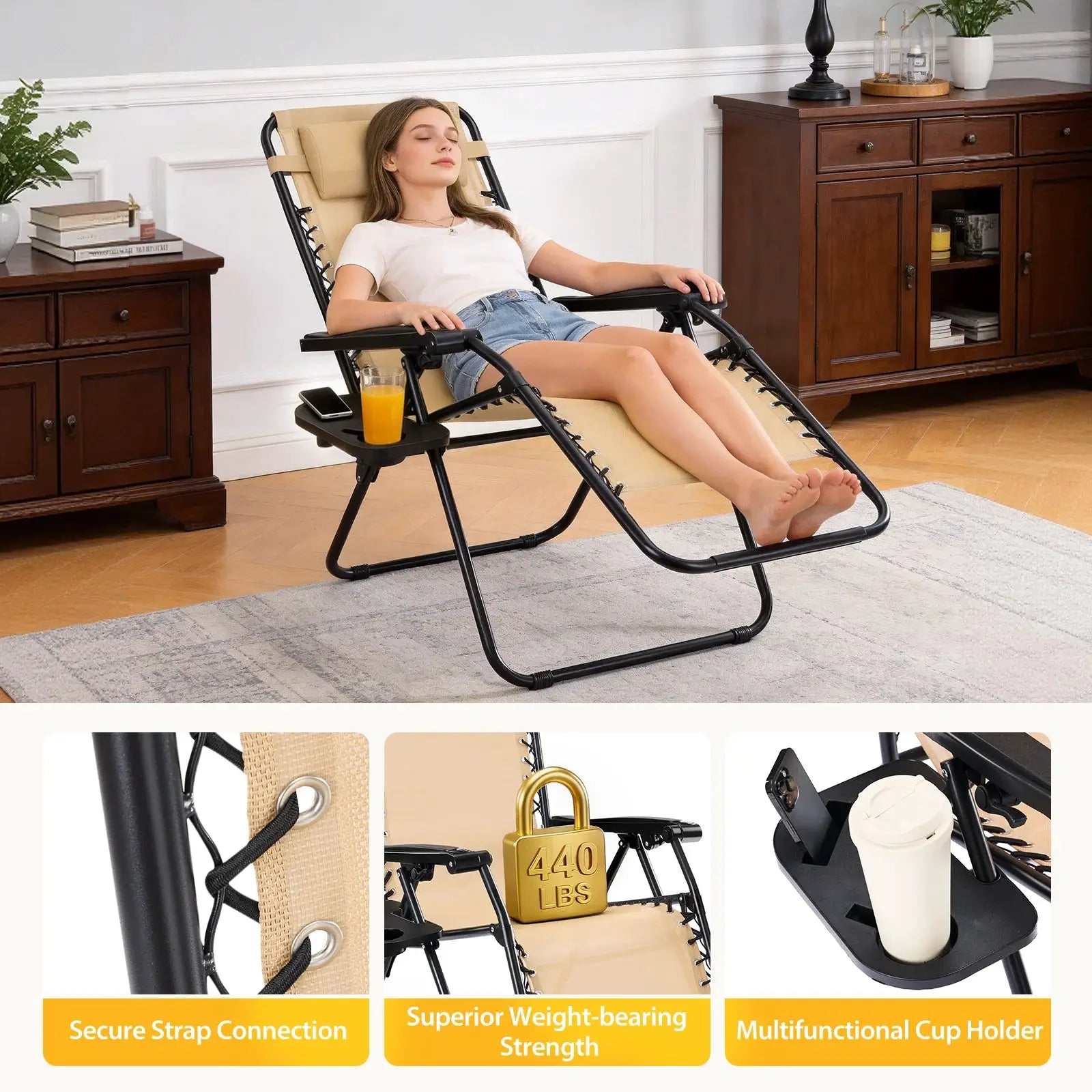 JHK Portable Zero Gravity Recliner Chairs Set of 2 Outdoor Garden Folding Lounge Chair with Cup Holder Trays Adjustable Pillow from PriceLows™
