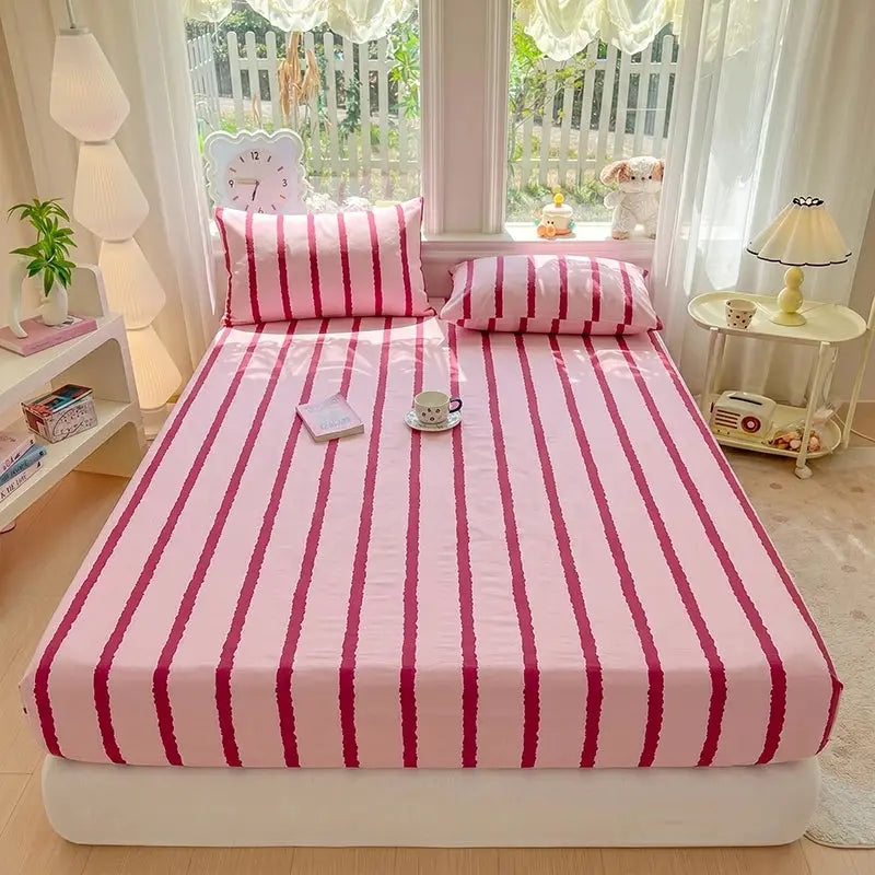 1pc Pink Blue Striped Fitted Sheet Deep Pocket Elastic Mattress Cover Single Double Queen King Bedroom Decor For Girls Boys from PriceLows™