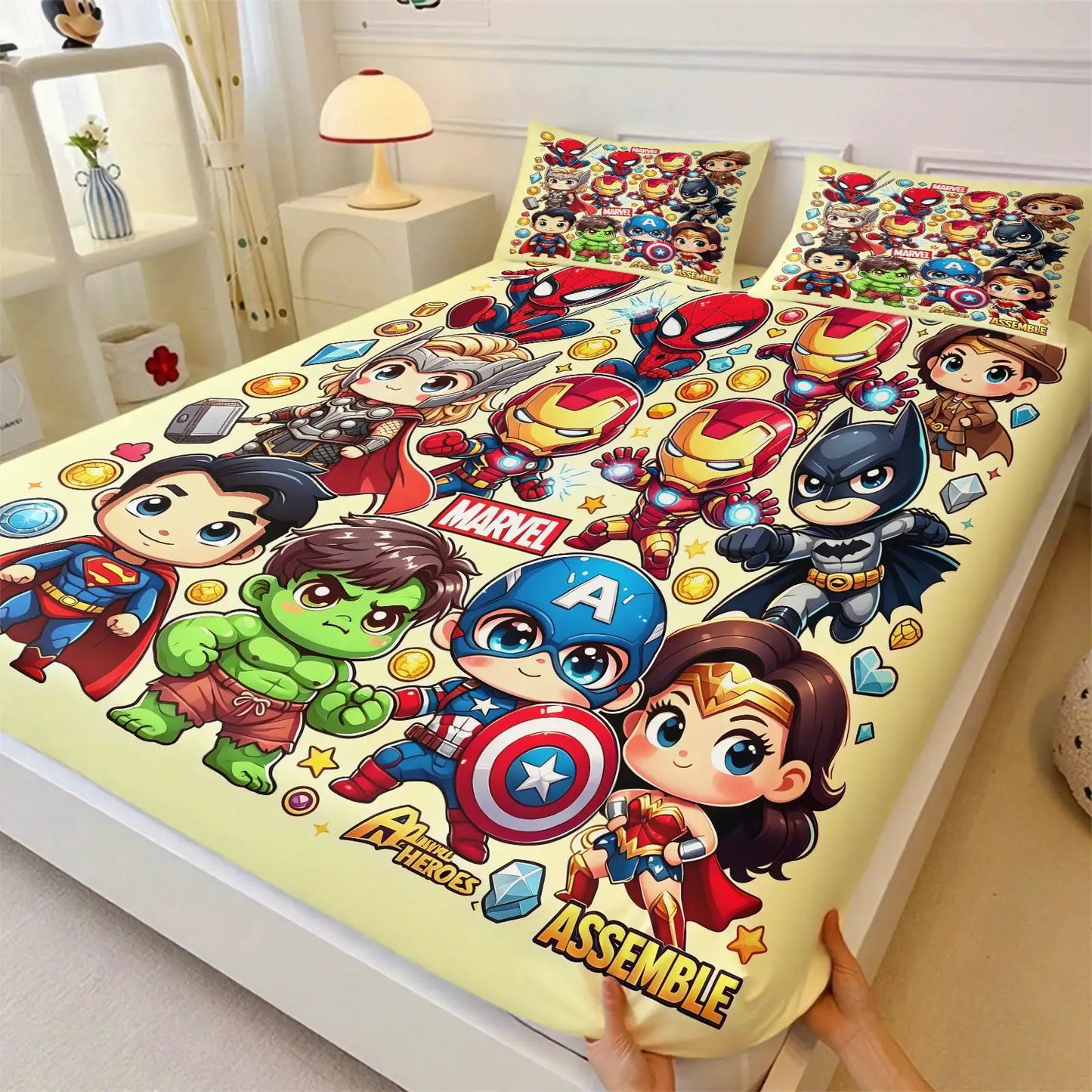 Marvel & DC Cartoon Fitted Sheet Set Chibi Superhero Bed Linen with Pillowcases Deep Pocket Gaming Room Fan Room Kids Room Decor from PriceLows™