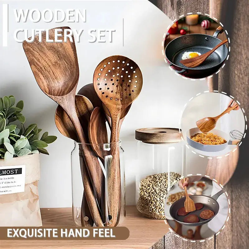 5pcs Wooden Utensil Set with Hanging Holes, Food Grade Spoons and Spatula 24-33.7cm, Non-Toxic Smooth Kitchen Tools for Cooking from PriceLows™