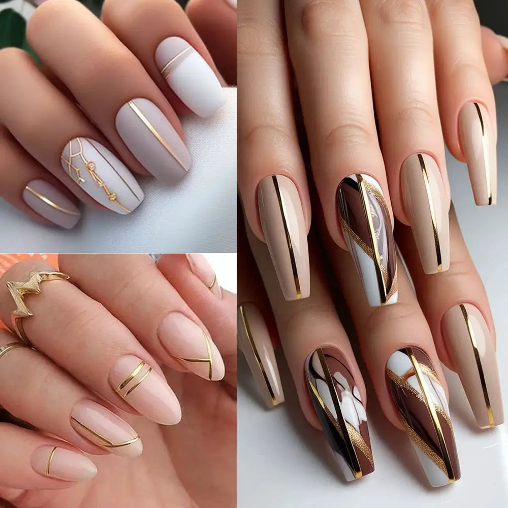 12Sheets Gold Metal Stripe Wave Nail Decals 3D Bronzing French Line/C Curve Stripe Nail Stickers 8*10cm Gold Line Nail Art Suppl from PriceLows™