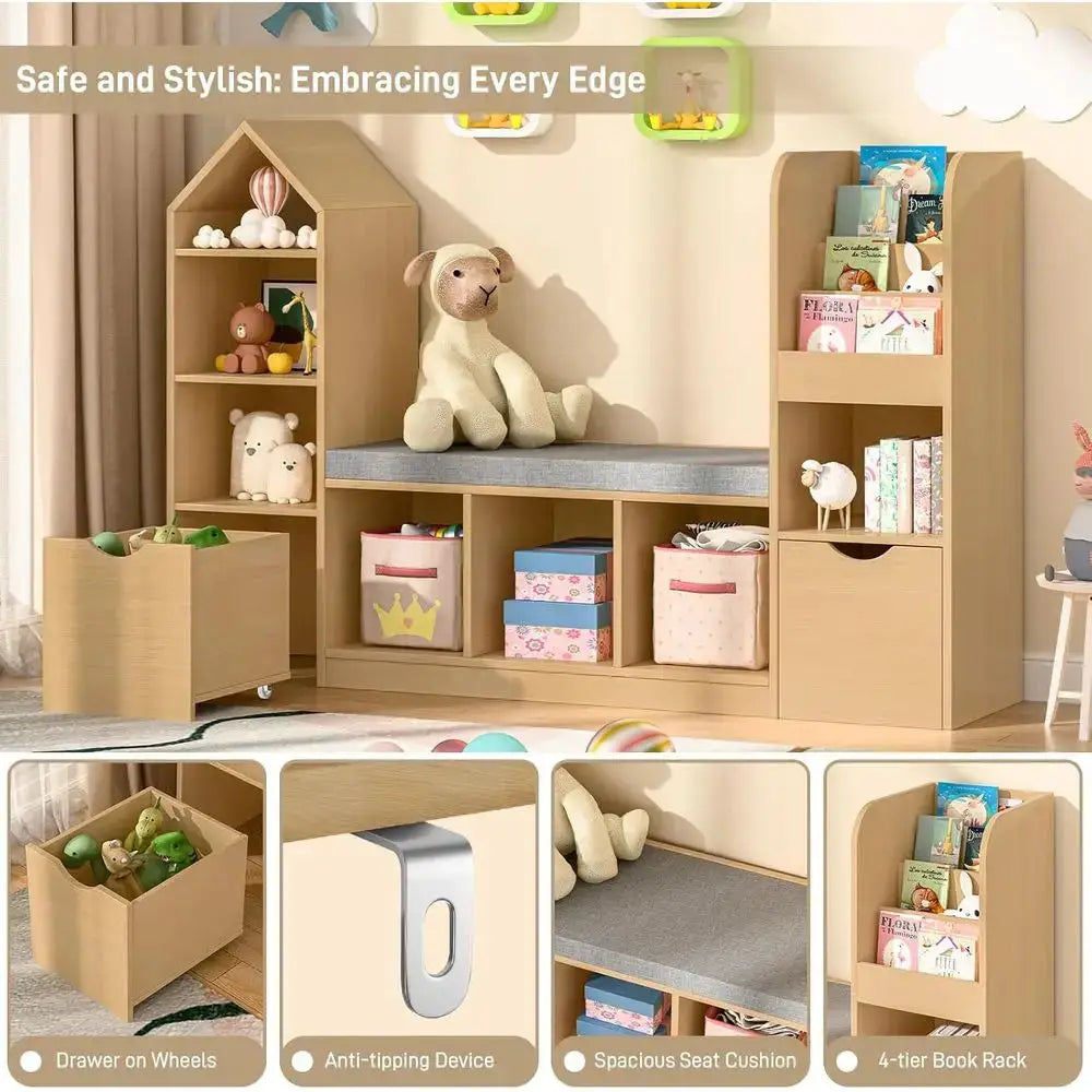 Children's Bookshelf with Reading Nook, Storage Organizer, Seat Cushion, 2 Movable Desks, 7 Storage Cubbies, Suitable for Playro from PriceLows™