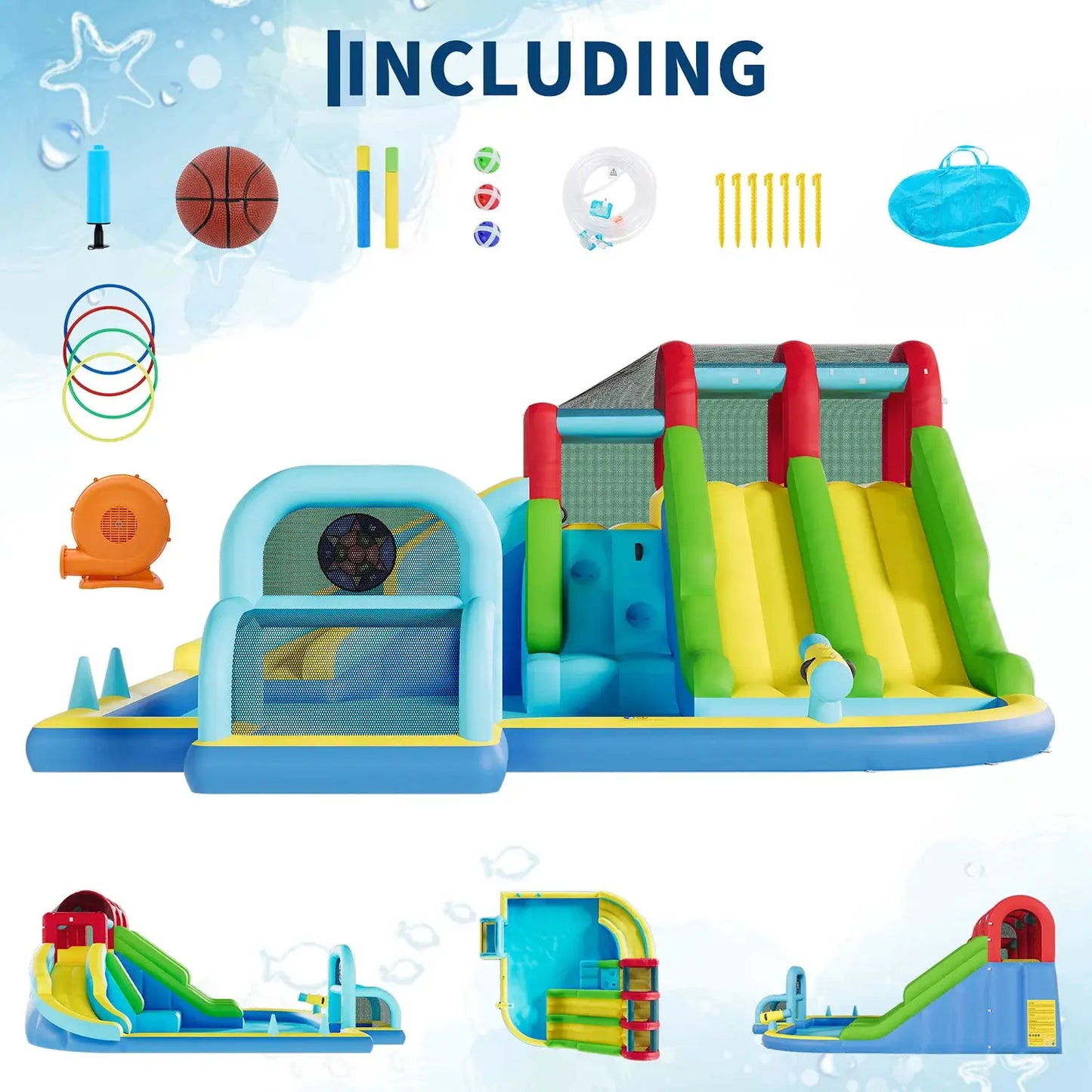 Indoor Outdoor Inflatable Bounce Castle w/3 Water Slides, Oxford Bounce Play Center for Kids Kindergarten Backyard Water Sports from PriceLows™