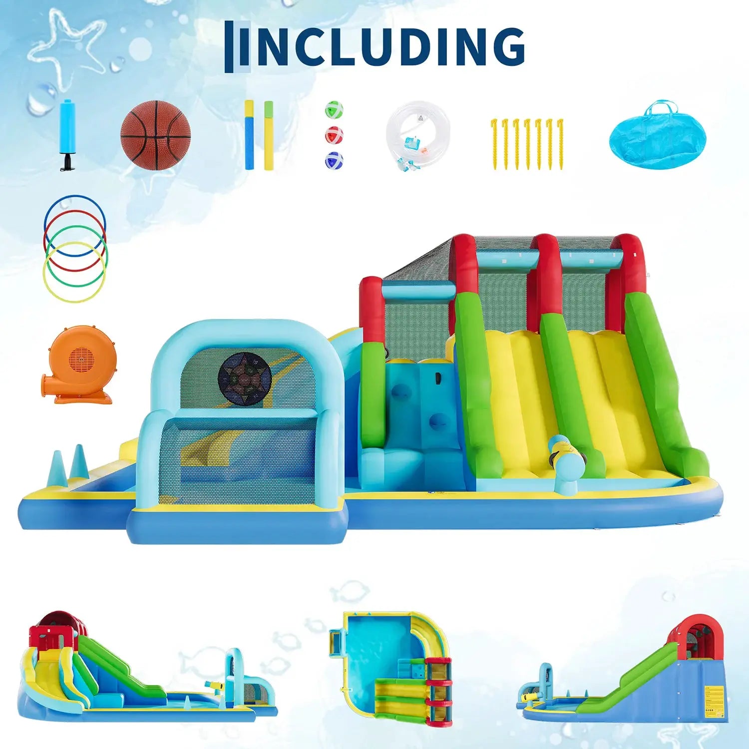 Indoor Outdoor Inflatable Bounce Castle w/3 Water Slides, Oxford Bounce Play Center for Kids Kindergarten Backyard Water Sports from PriceLows™