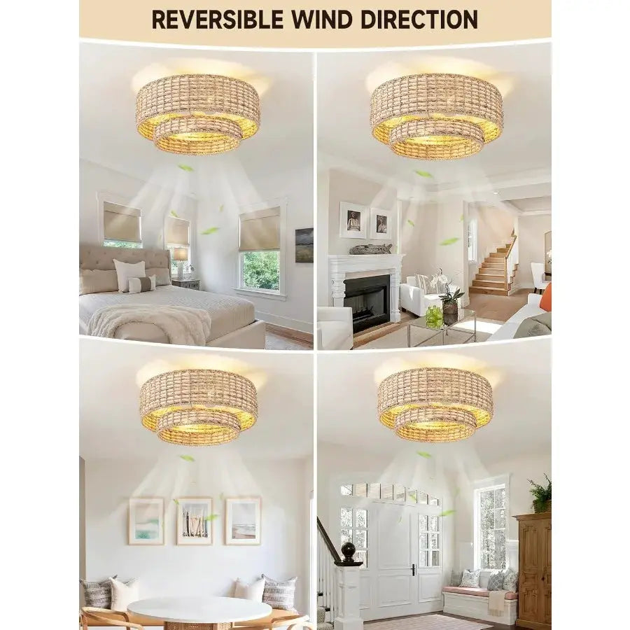Boho Caged Ceiling Fans with Lights Flush Mount Layered Rattan Ceiling Fan with Light Remote Control with Reversible 6 Speeds f from PriceLows™