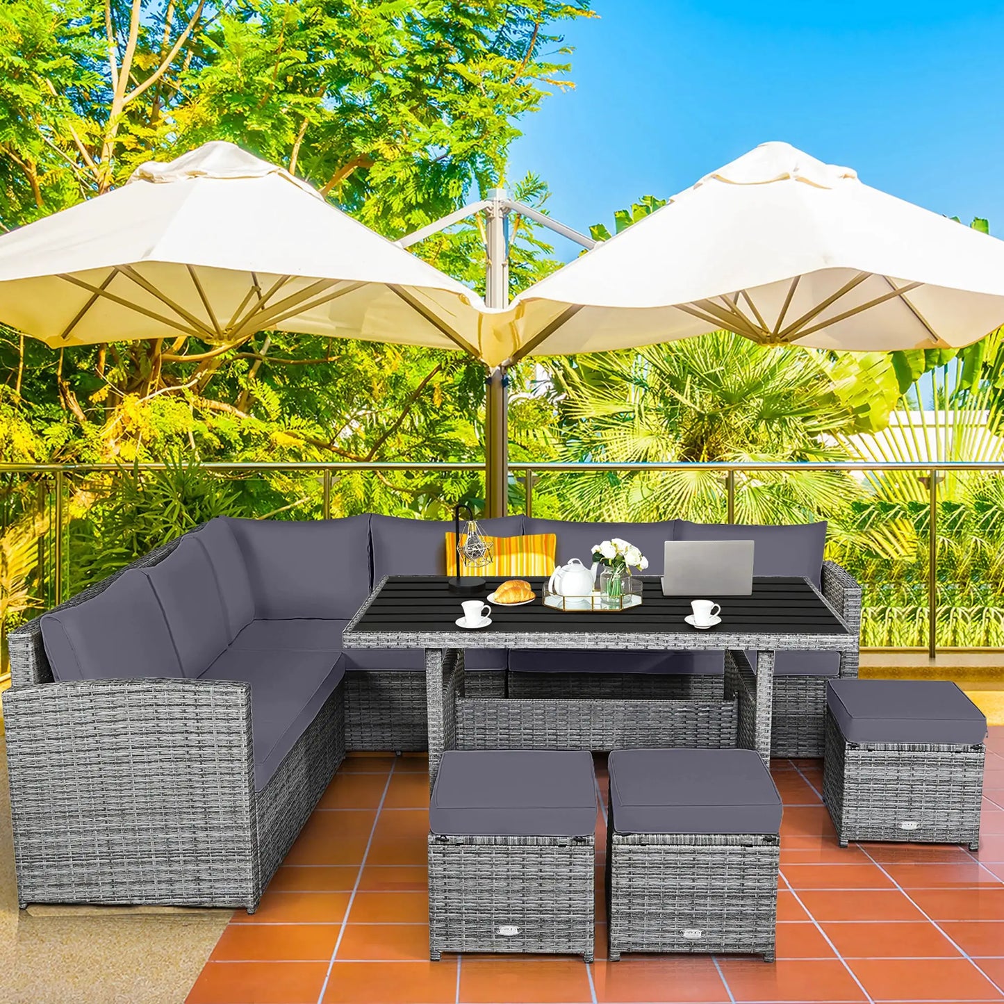 7 PCS Patio Rattan Dining Set Sectional Sofa Couch Ottoman Garden Grey from PriceLows™