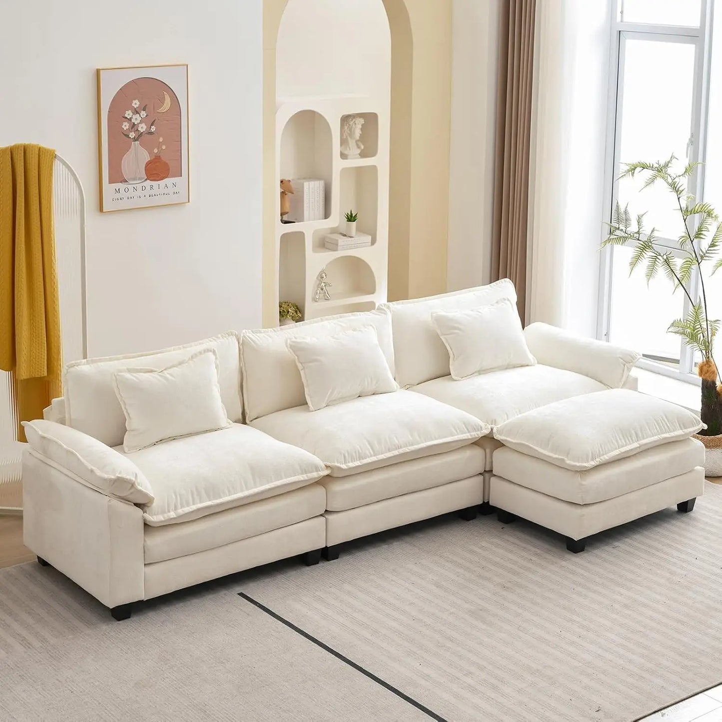 Sectional Sofa | L-Shaped With Ottoman | Chenille Fabric | Seating For Four