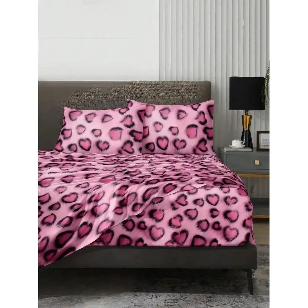 Fashionable Hot Pink Leopard Print Bedding Set, Easy Care Super Soft Microfiber Bedding Set 1 Flat Sheet 1 Fitted Sheet 2 Pillow from PriceLows™