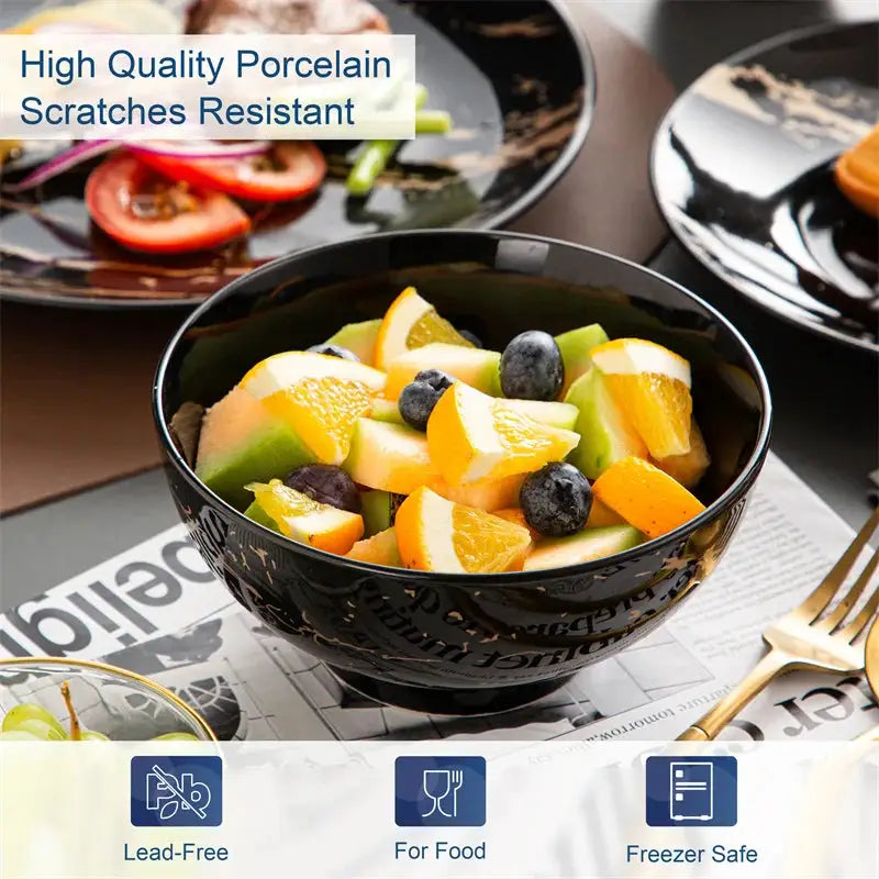 16Pcs Black Procelain Tableware Set Design By Gold Splash with Dinner Plate/Cake plate/Bowls/Coffee Cups Kitchen Dinner Ware Set from PriceLows™
