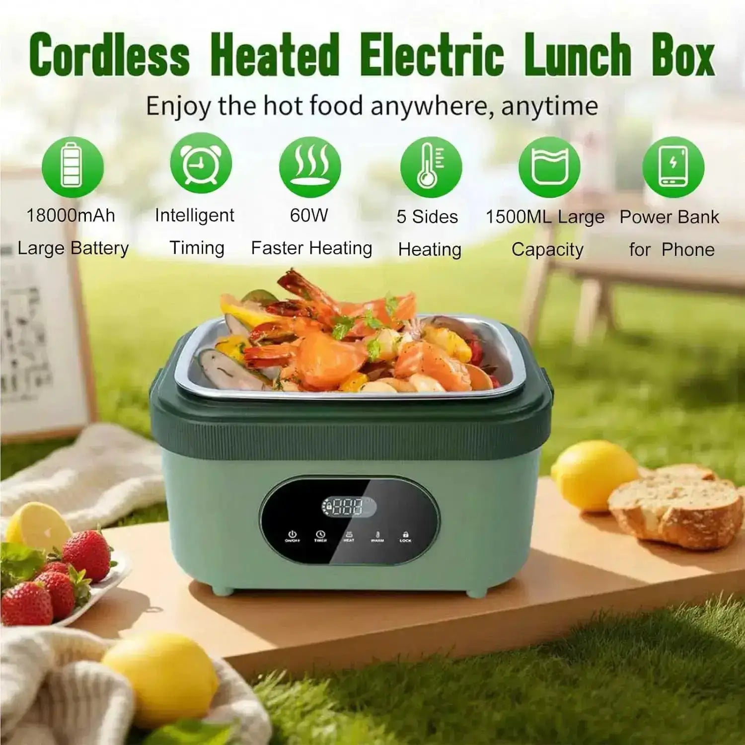 18000mAh Battery Powered Cordless Heated Lunch Box - 5-Sided Self-Heating, Smart Timer, 6.3 Cups, Leak-Proof, Portable for Work, Travel, Commuters from PriceLows™