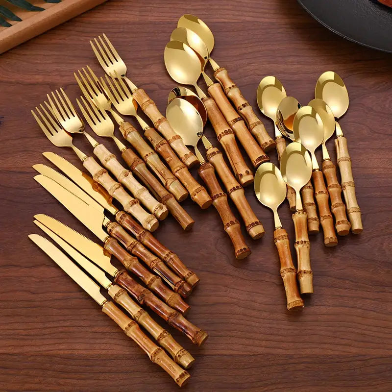 24Pcs Dinnerware Sets Original Nature Bamboo Handle Cutlery Stainless Steel Knife Fork Spoon Purely Natural Bamboo Tableware Set from PriceLows™