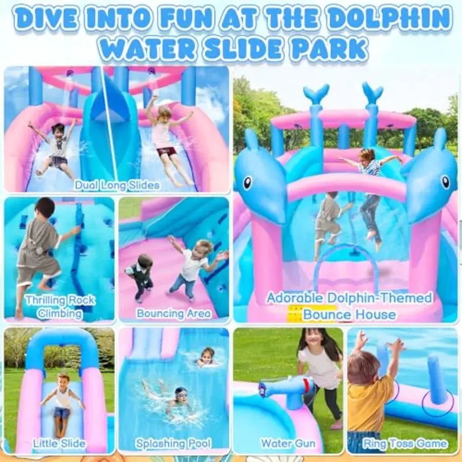 Inflatable Water Slide Dolphin Bounce House for 3-12 Blue Water Park with Blower Splash Pool Climbing Wall Water Cannon Bouncy from PriceLows™