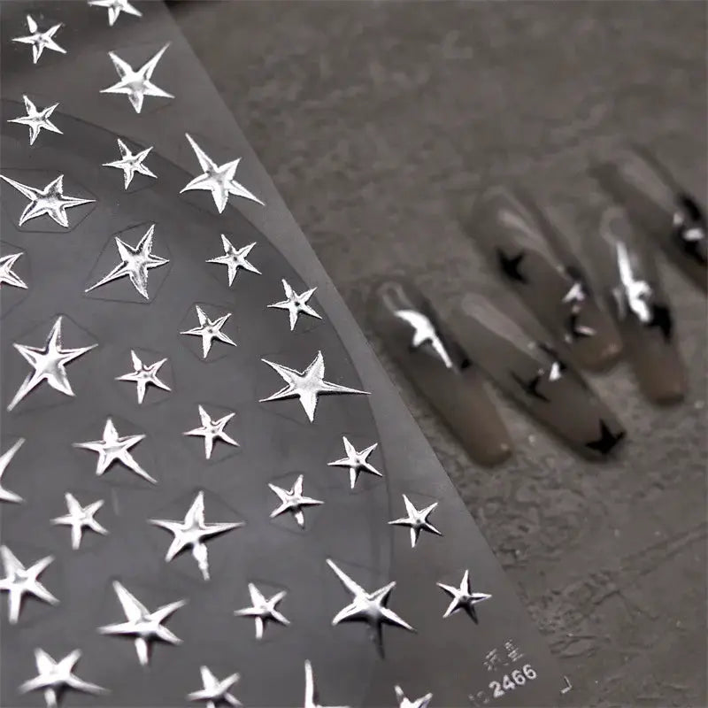 3D Bronzing Laser Silver Irregular Star Nail Decals Metallic Effect Silver Pentagram Nail Decals Adhesive Nail Art Star Stickers from PriceLows™