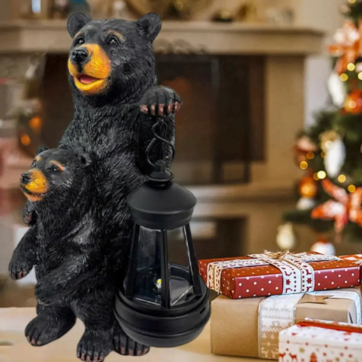 Outdoor Garden Solar Statue Light, Garden Bear Statue with Solar Lantern, Outdoor black bear mother and son lantern decoration from PriceLows™