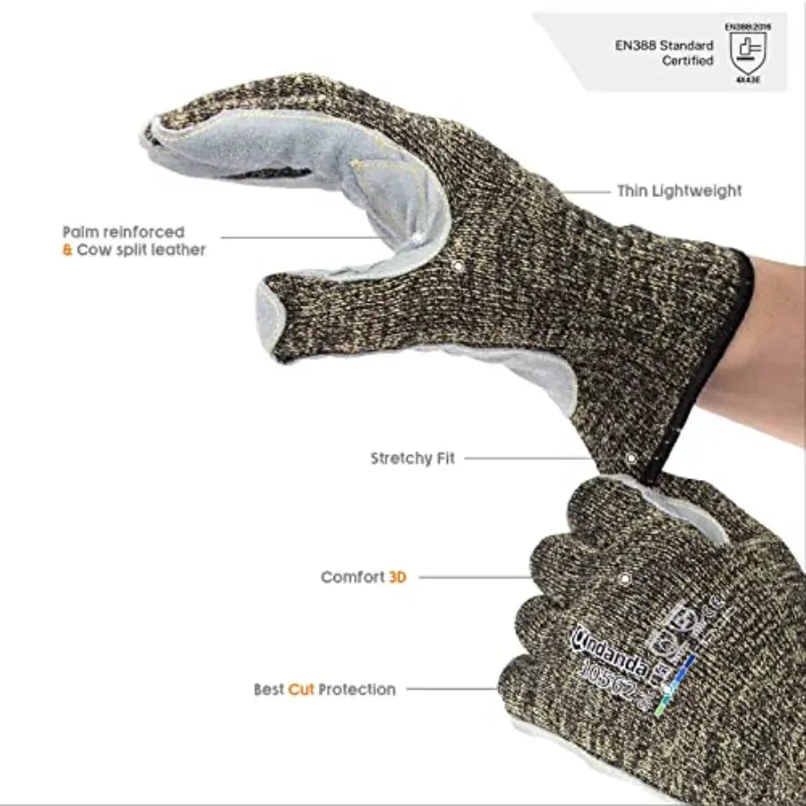 Gardening work gloves: Level 5 cut resistant, aramid suture, cow split leather, black, high dexterity and abrasion resistance, from PriceLows™