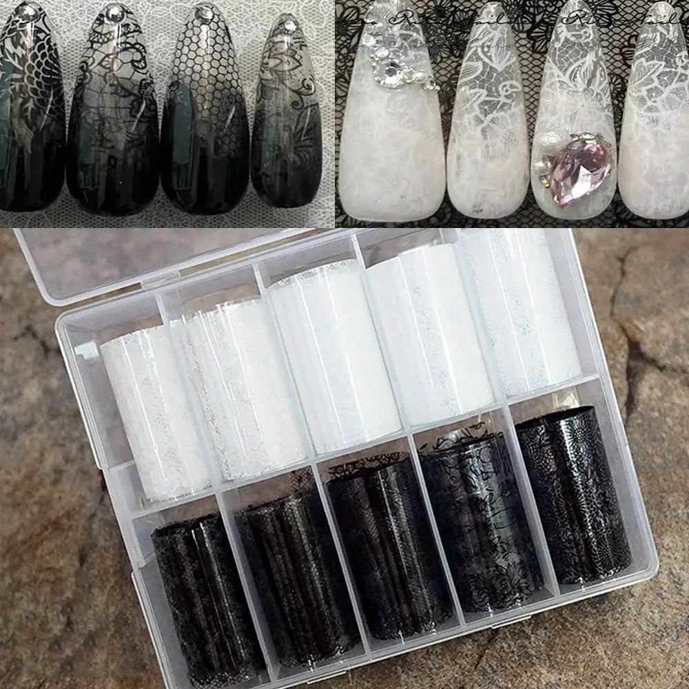 10 Rolls 4x50CM Black White Lace Transfer Nail Sticker Sexy Flower Lace Nail Art Transfer Foils Paper for DIY Manicure Decals*@# from PriceLows™