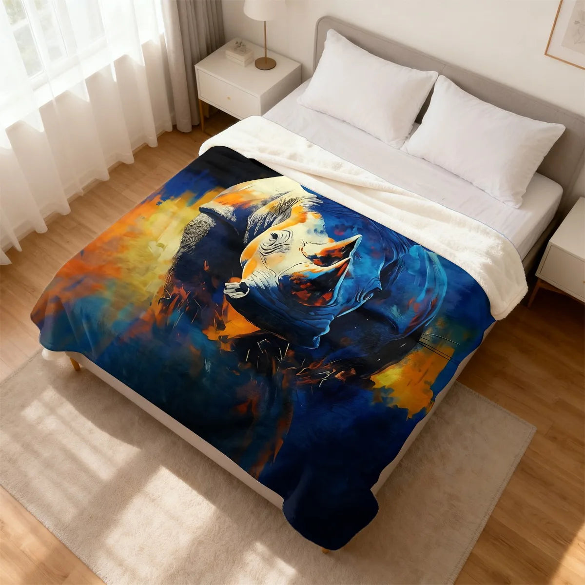 Soft Fleece Throw Blanket | Blue | Rhino Portrait Art Print | One Size