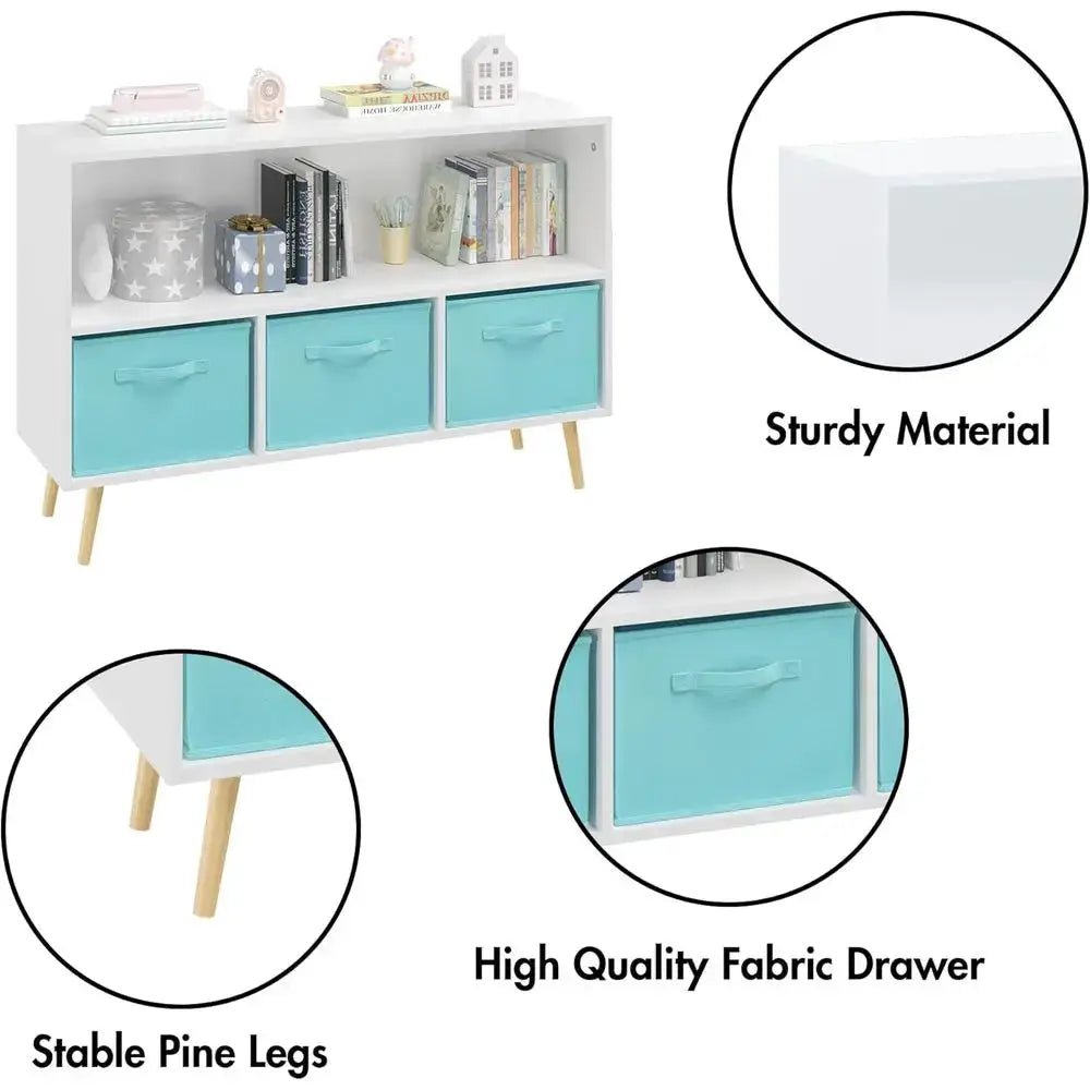 Collapsible 3-Tier Fabric Bookshelf for Kids, Multi-Cubby Wooden Storage Organizer, Playroom Display Rack in White/Blue from PriceLows™