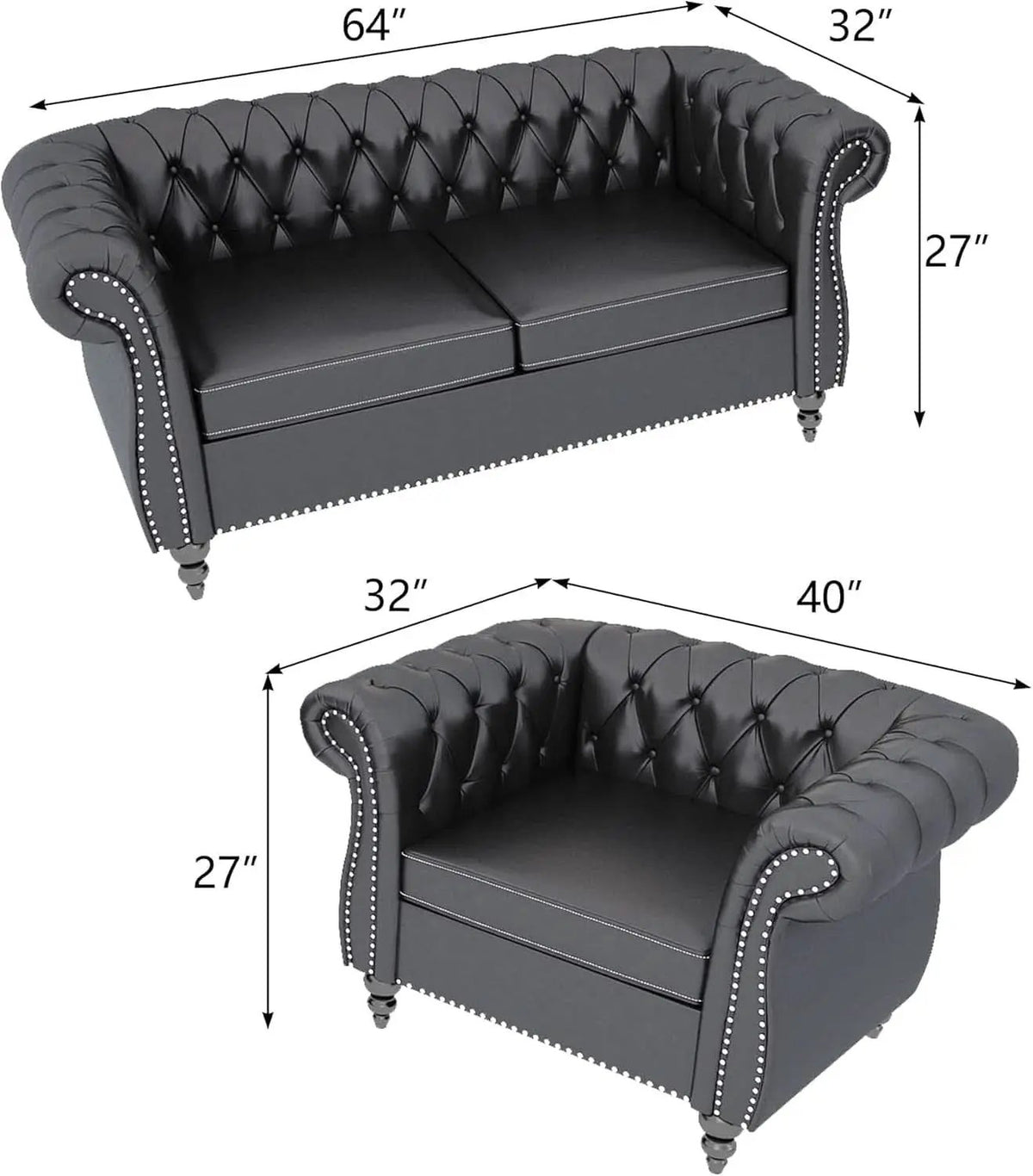 Sectional PU Leather Modular Sofa Couches, Black Tufted Cushions