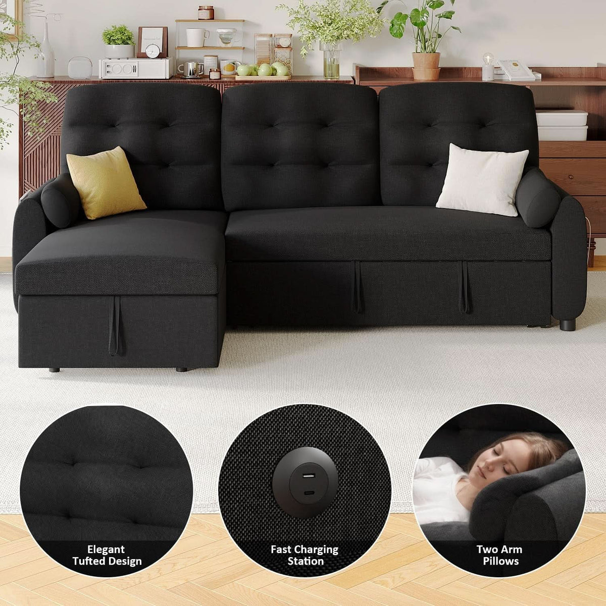 86Inch Convertible Sleeper Sectional With USB Ports from PriceLows™