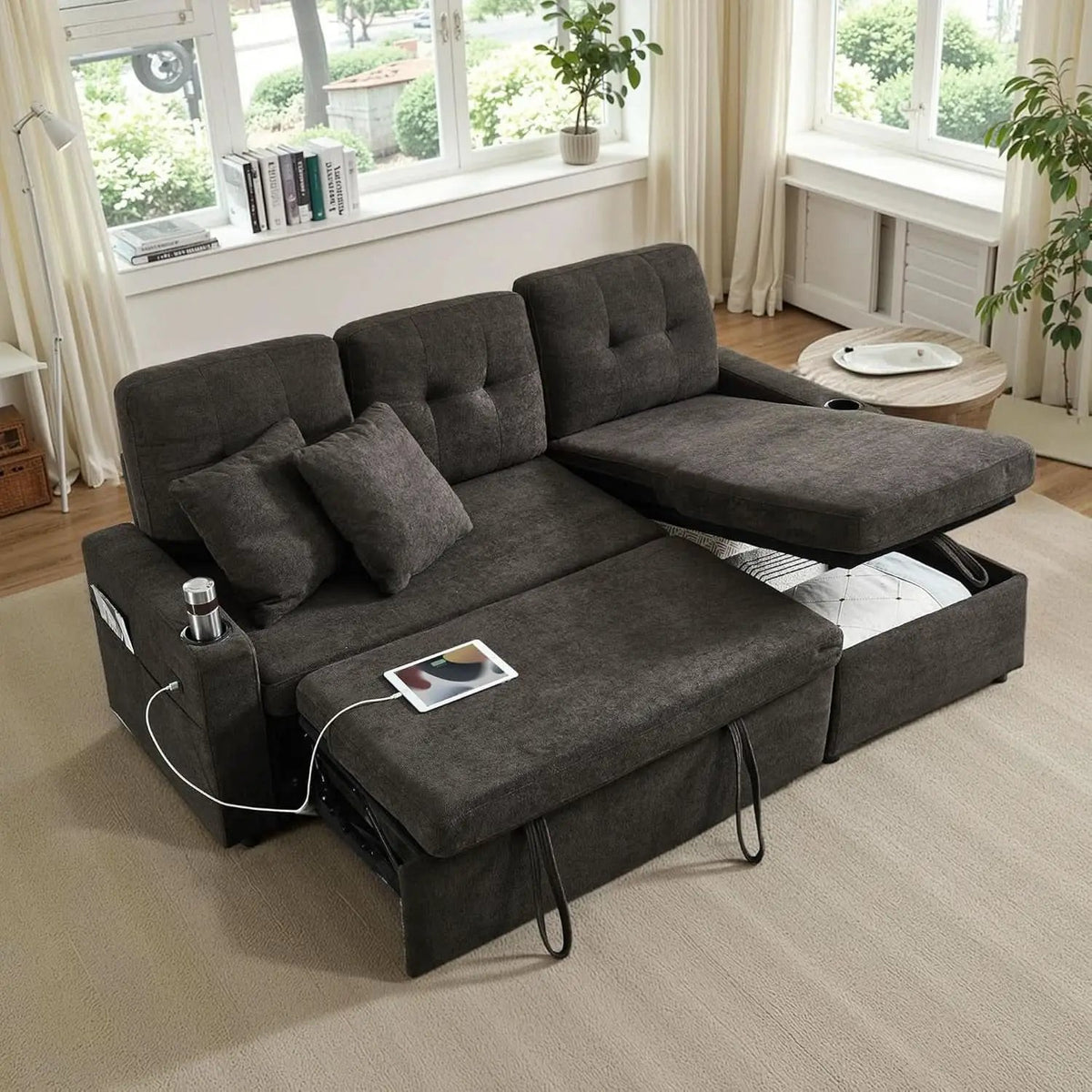 Dark Grey Microfiber Reversible Sectional Sofa Bed With USB from PriceLows™
