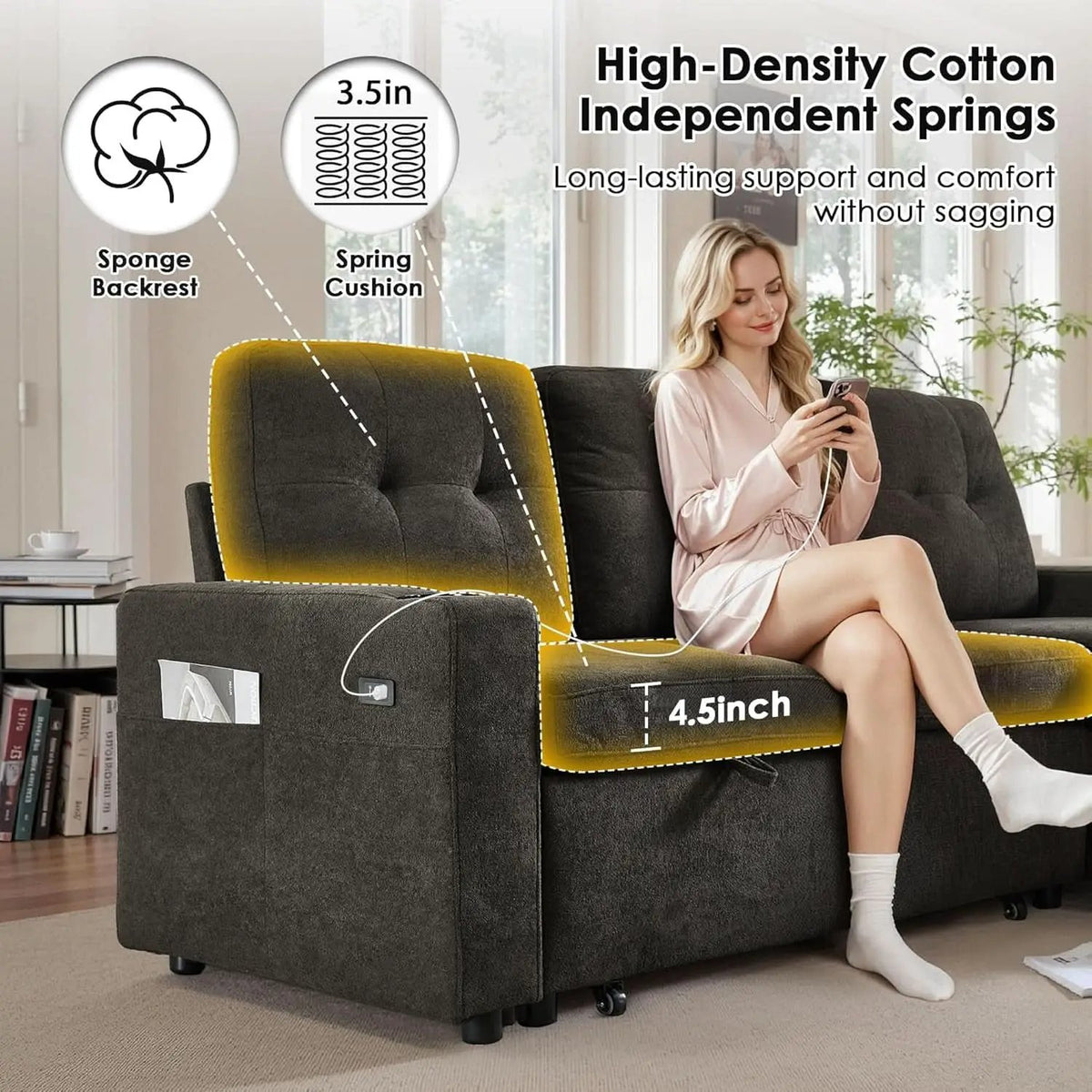 Dark Grey Microfiber Reversible Sectional Sofa Bed With USB from PriceLows™