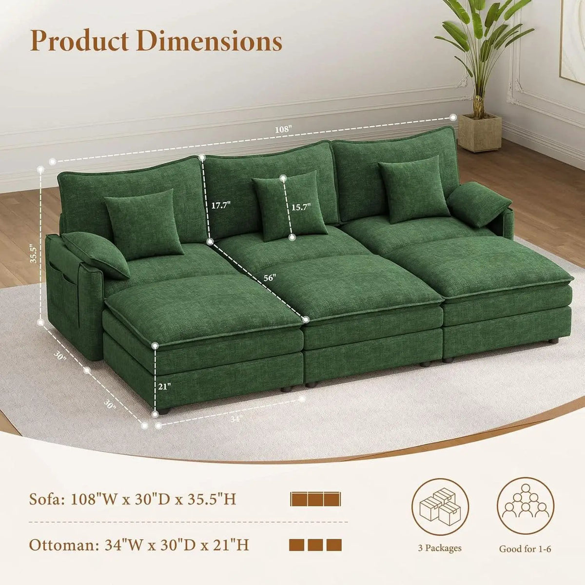 Green 108 Inch DeluxePlus Cloud Sleeper Sectional Sofa from PriceLows™