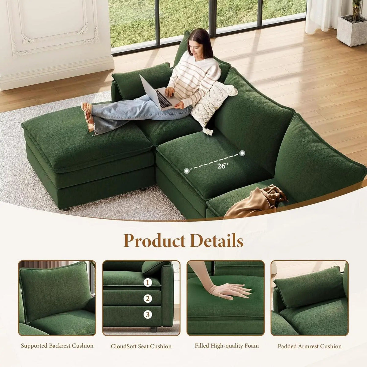 Green 108 Inch DeluxePlus Cloud Sleeper Sectional Sofa from PriceLows™