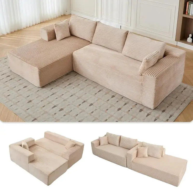 Compression Sectional Couch with Comfy Chaise, Boneless L Shape Sofa with Deep Seat, Minimalist Modular Couches Sleeper for Living Room Bedroom Apartment Lounge,corduroy,Beige from PriceLows™