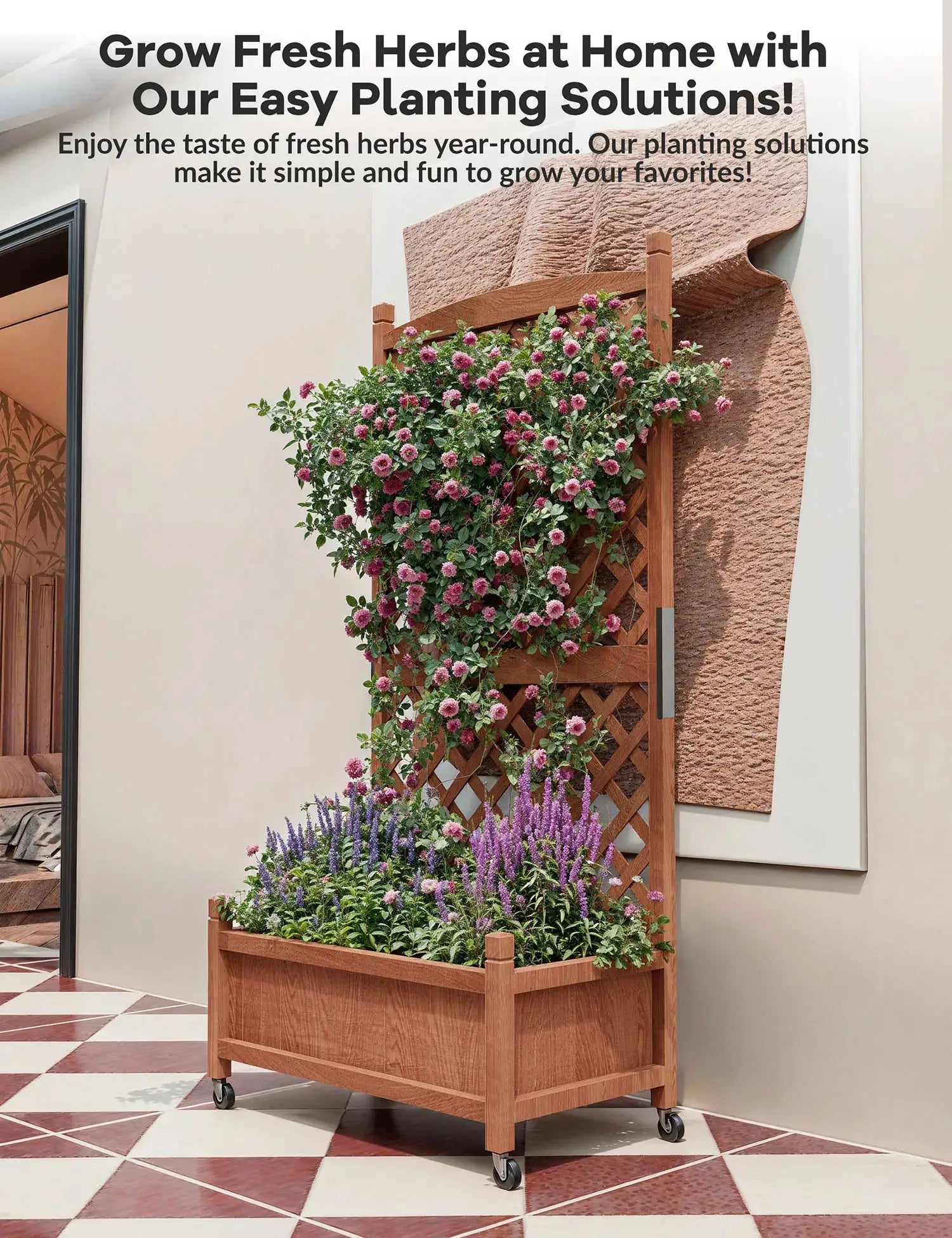 61.5" Wood Planter Box Raised Garden Bed With Trellis/Wheels For Plant & Flower, Standing Vertical Horticulture Trellis Planter from PriceLows™