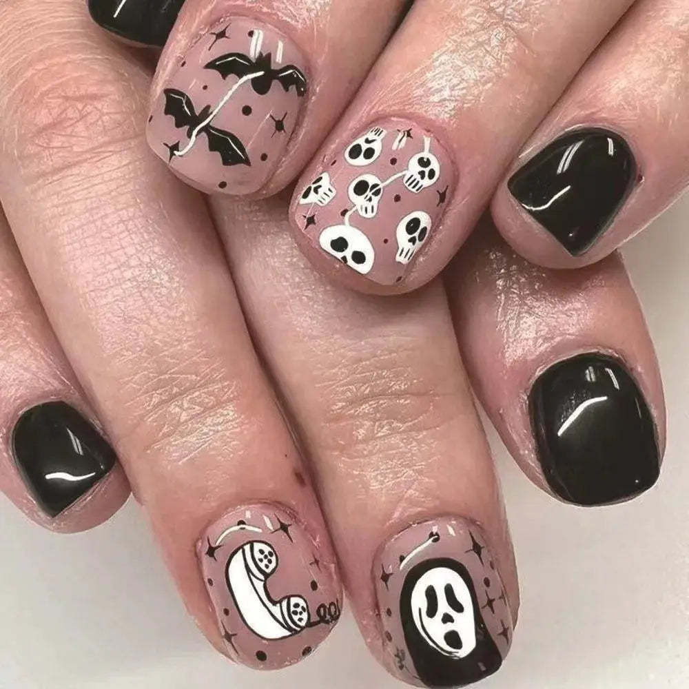 Press On Nails | Short Square | Red French Tip Spider Web | 24 Piece Set