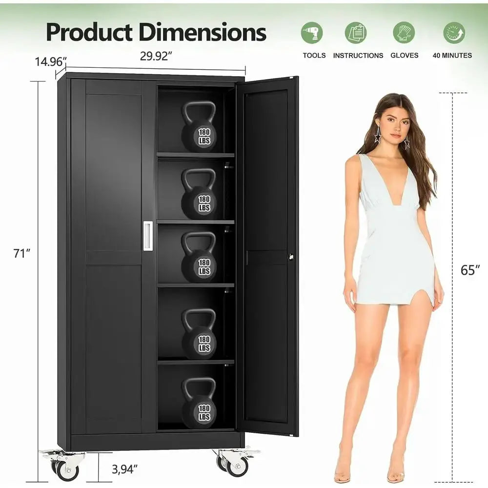 71 Tall Rolling Utility Cabinet with Wheels, Lock, 4 Adjustable Shelves - Heavy Duty Steel Storage for Garage, Office, Utility R from PriceLows™