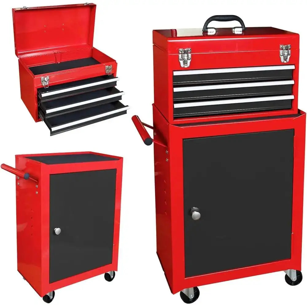 Red Black Rolling Tool Organizer, Detachable 3 Drawer Tool Chest with Large Cabinet & Adjustable Shelf for Garage Workshop from PriceLows™