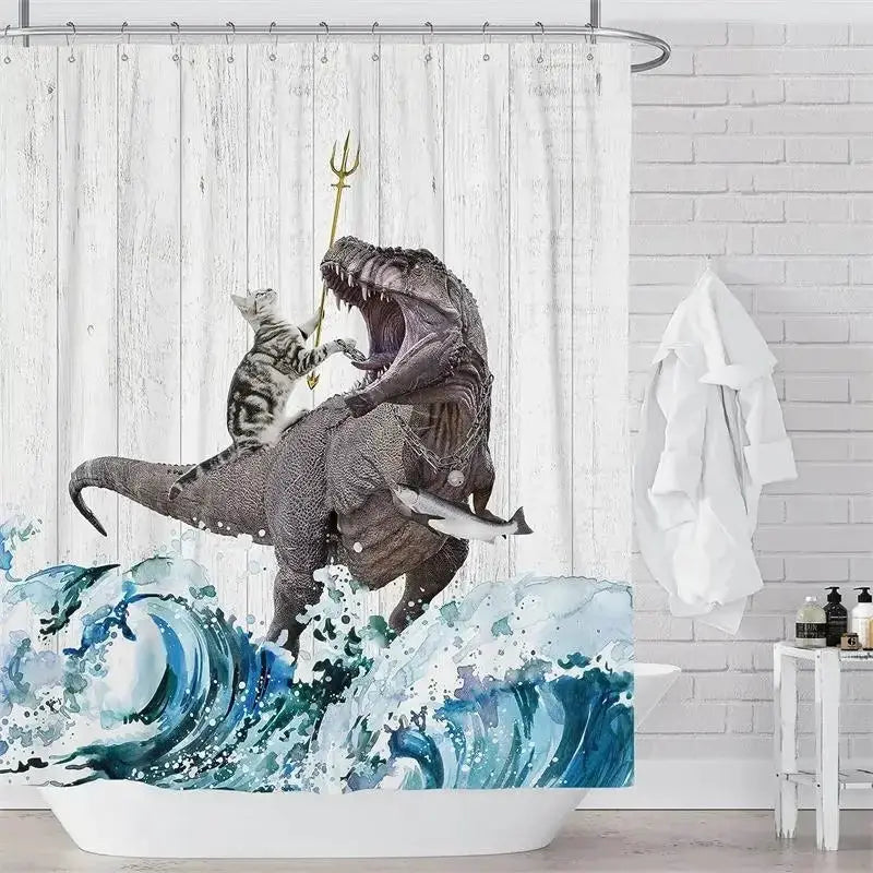 Funny Cat Riding Dinosaur Shower Curtains Cute Animal Sea Waves Surfboard Creative Kids Bath Curtain Set Fabric Bathroom Decor from PriceLows™