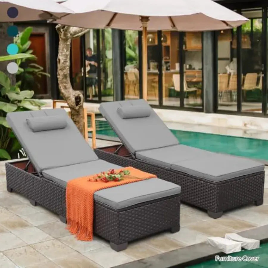 Brown Wicker Patio Chaise Lounge Chairs Set of 2 Outdoor Chaise Lounge Pool Lounge Chairs Poolside Recliner Chairs with Grey Cu from PriceLows™