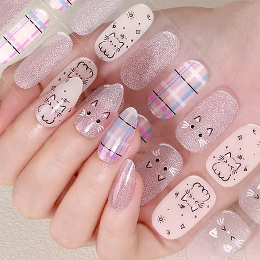 16strips Cartoon UV/LED Semi Cured Gel Nail Strips Pink Glitter Cat Eye Self-Adhesive Gel Nail Wraps Full Cover UV Nail Sticker from PriceLows™